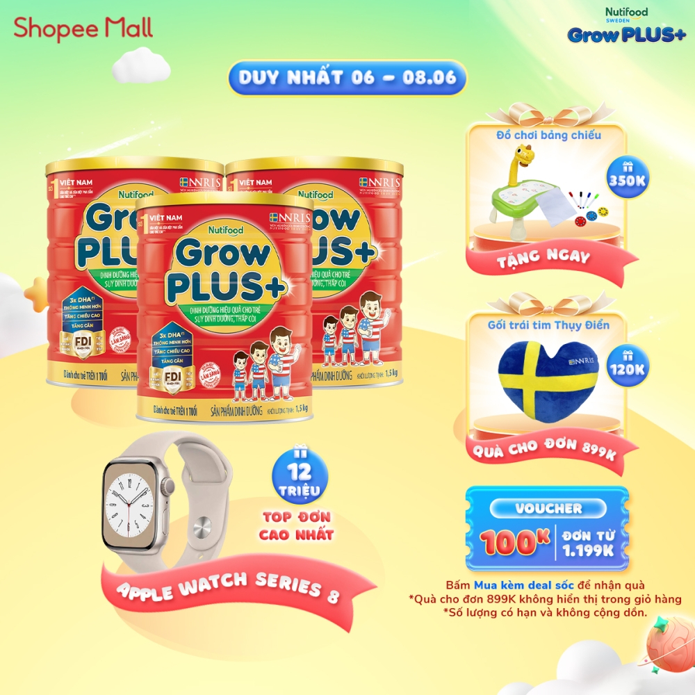 Combo 3 Sữa Bột Nutifood GrowPLUS+ Suy Dinh Dưỡng 1.5kg - Trên 1 Tuổi - Tăng Cân, Tăng Chiều Cao (3 Lon x Lon 1.5kg)