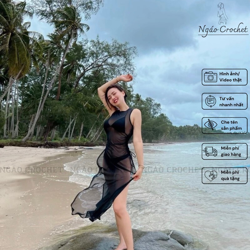 Set Bikini Kèm Đầm Lưới Xẻ Tà 2 Bên Dáng Dài - Bộ Bikini 3 Mảnh Đi Biển Đi Bơi Xuyên Thấu Nhiều Màu Sexy Gợi Cảm