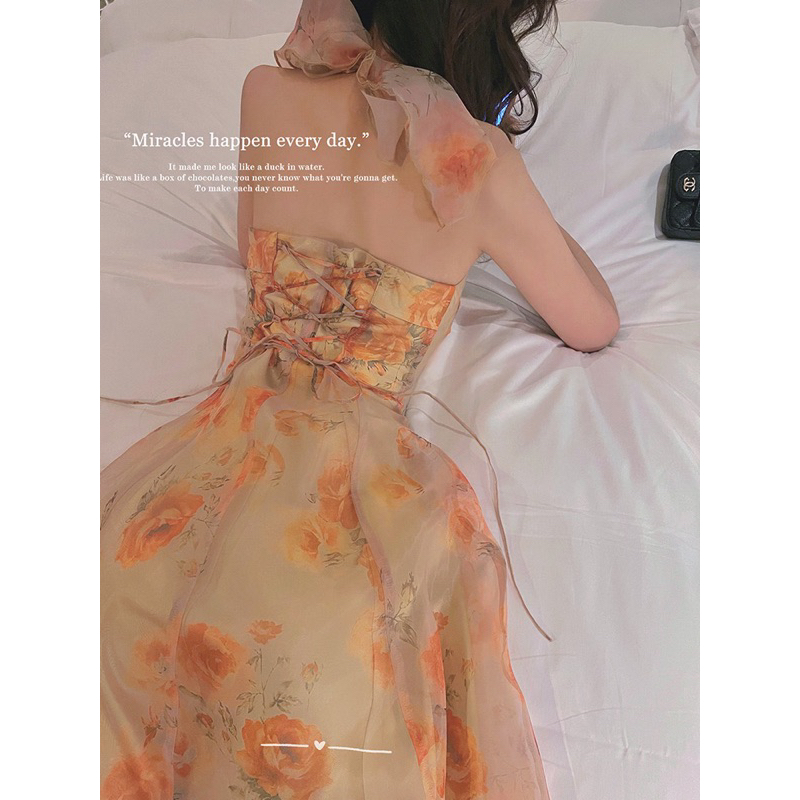 Vải mềm k ngứa🖤 Đầm maxi voan cổ yếm công chúa hoa hồng cam xoè dài hở lưng nàng thơ kiêu sa đi biển du lịch
