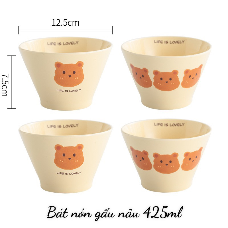 Bát ăn cơm, Bát chè, Chén dĩa dễ thương Chén sứ decor kiểu dáng Bát Nón hoạ tiết gấu nâu siêu đẹp