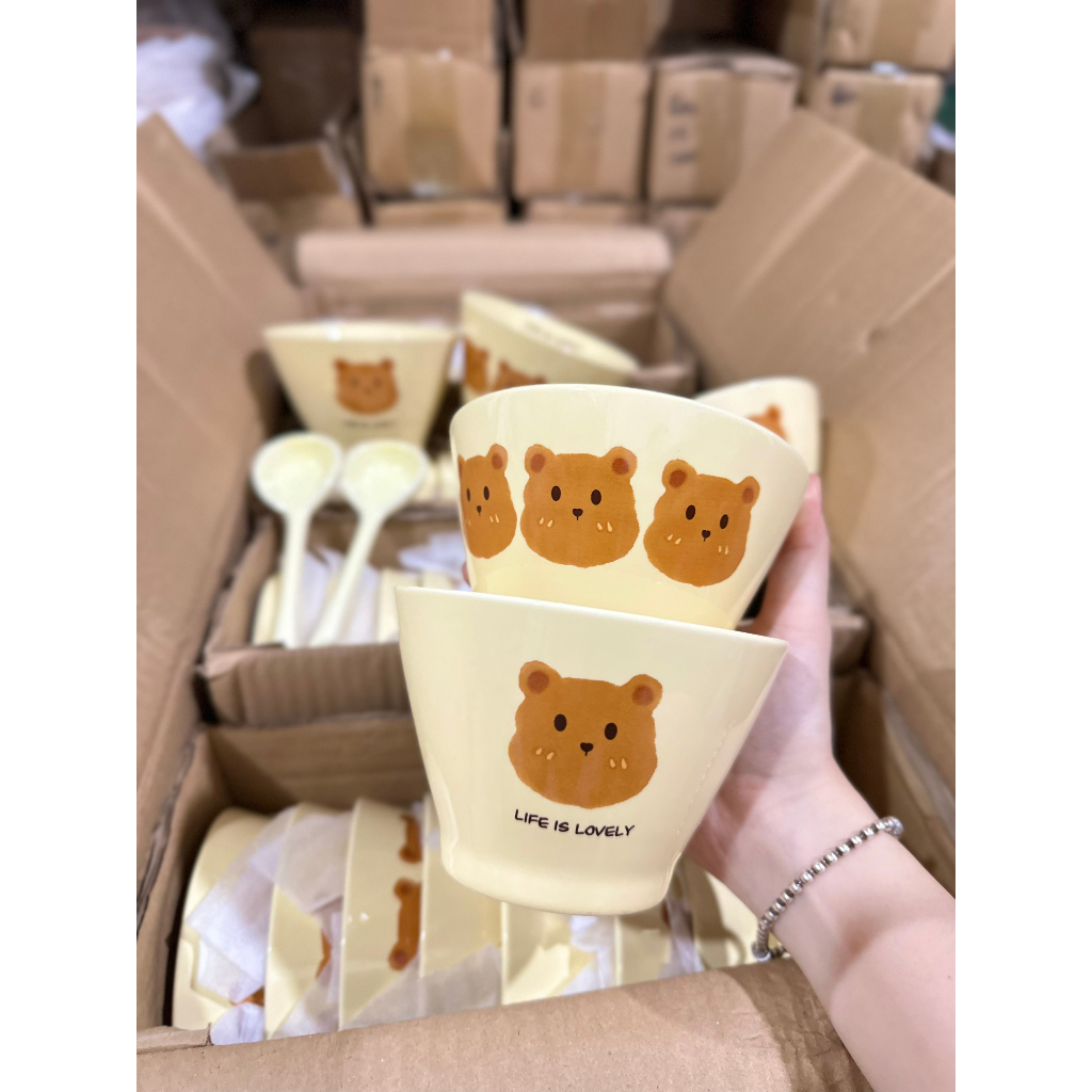 Bát ăn cơm, Bát chè, Chén dĩa dễ thương Chén sứ decor kiểu dáng Bát Nón hoạ tiết gấu nâu siêu đẹp