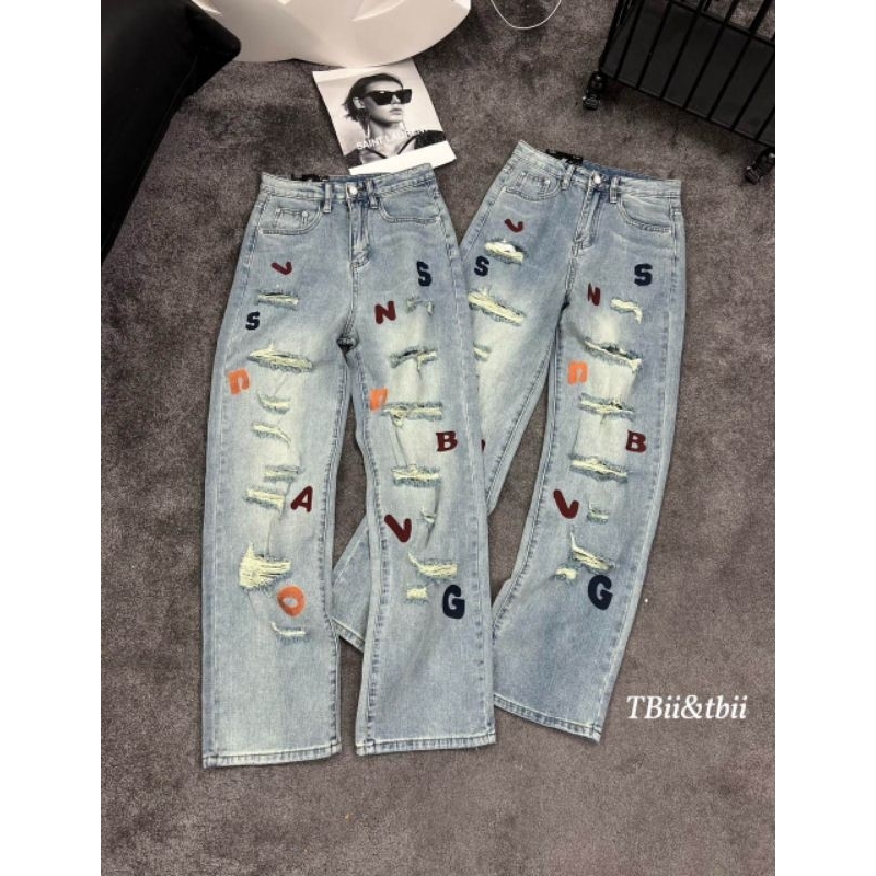 Quần jeans suông rách chữ hàng QCL1