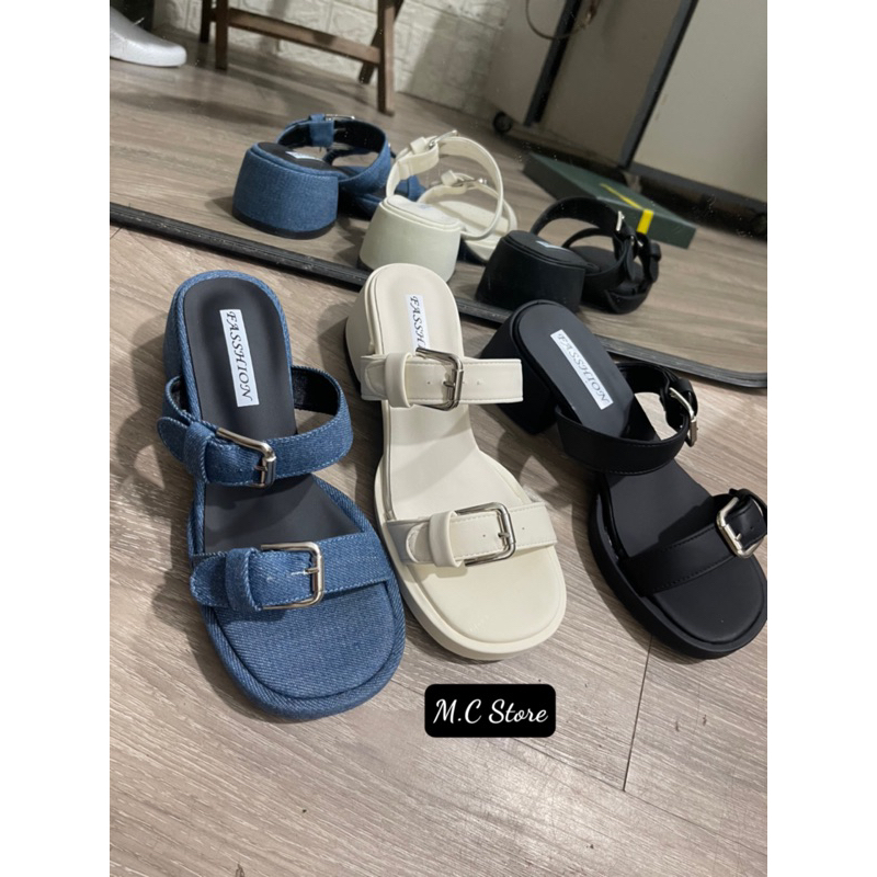 Dép Guốc denim Hai Quai Ngang Khóa Cài Vuông Gót Vuông 5cm Hàng Quảng Châu Cao Cấp