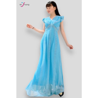 [ Chính hãng] Đầm maxi nữ cổ tim rã chân ngực tay bèo - voan thêu tinh tế - DE THUONG