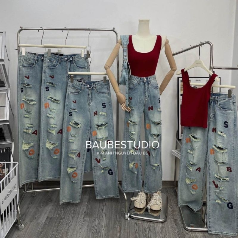 Quần jeans suông rách chữ hàng QCL1