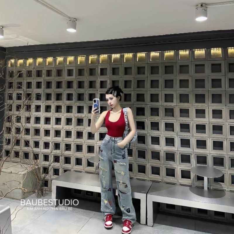 Quần jeans suông rách chữ hàng QCL1