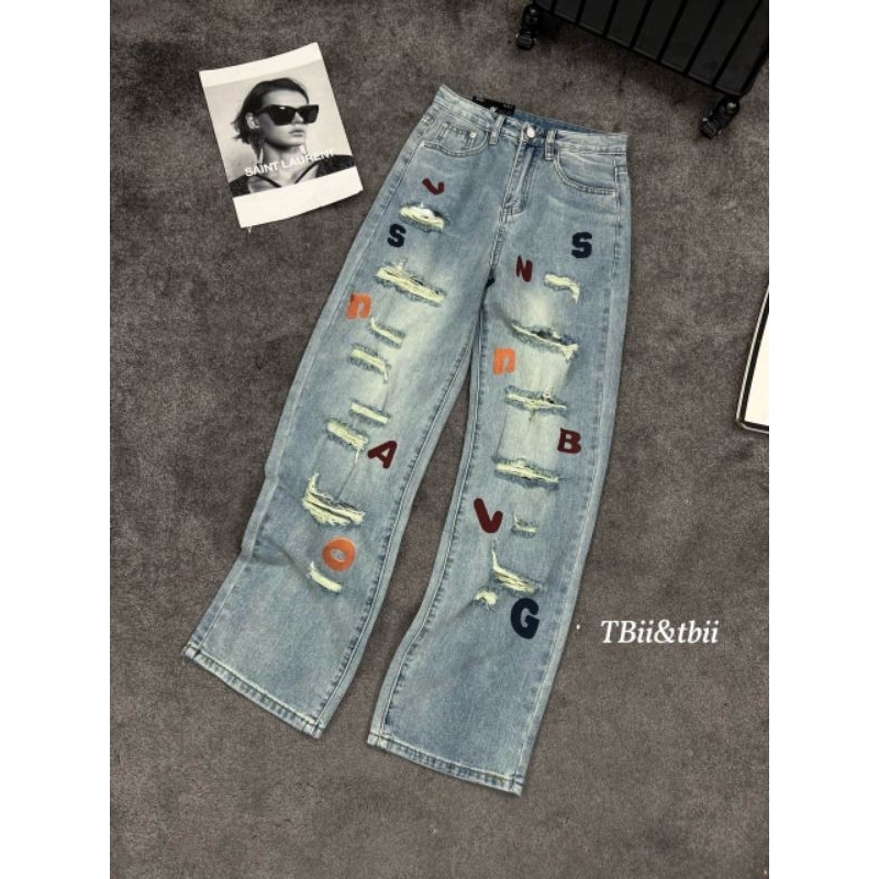 Quần jeans suông rách chữ hàng QCL1