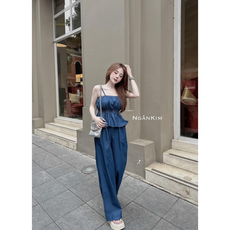 Set Bộ Jeans Áo Dây Peplum Chun Eo Dáng Xoè + Quần Ống Xuông Dài