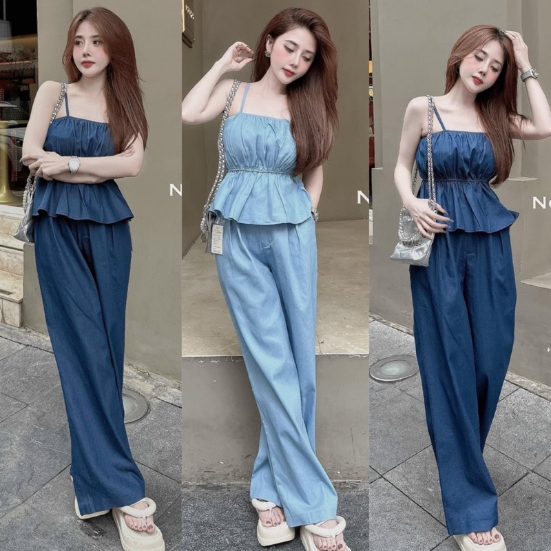Set Bộ Jeans Áo Dây Peplum Chun Eo Dáng Xoè + Quần Ống Xuông Dài