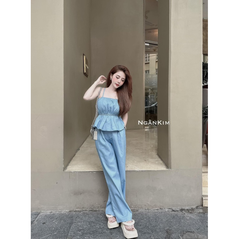 Set Bộ Jeans Áo Dây Peplum Chun Eo Dáng Xoè + Quần Ống Xuông Dài