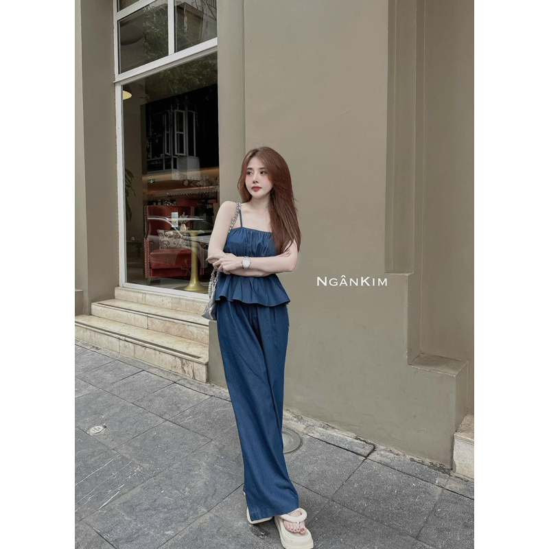 Set Bộ Jeans Áo Dây Peplum Chun Eo Dáng Xoè + Quần Ống Xuông Dài