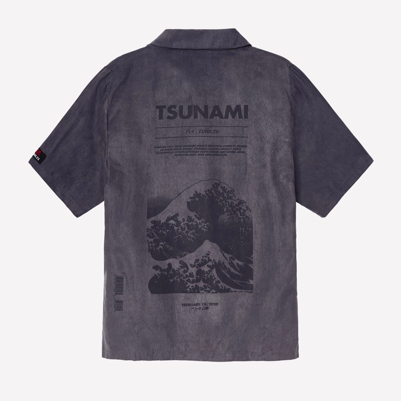 Áo sơ mi unisex Zune.zx tay lỡ form rộng in hoạ tiết màu đen/ xám, Tsunami shirt