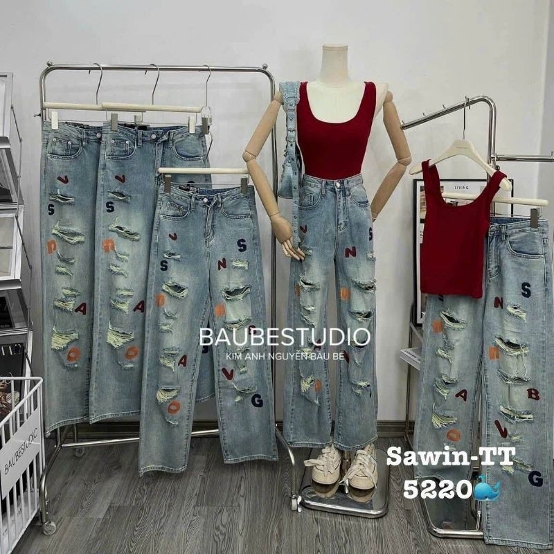 Quần jeans suông rách chữ hàng QCL1
