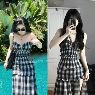 K10 Váy Hai Dây Kẻ Caro Bo Chun Ôm Body Xẻ Chân Tôn Dáng