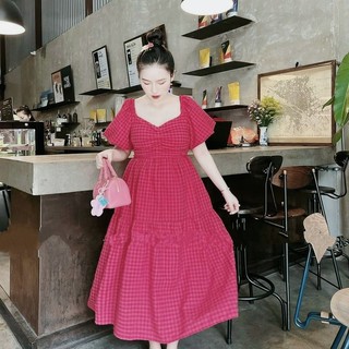 K11 Đầm Caro Tay Phồng Nhíu Ngực Dáng Dài Xoè