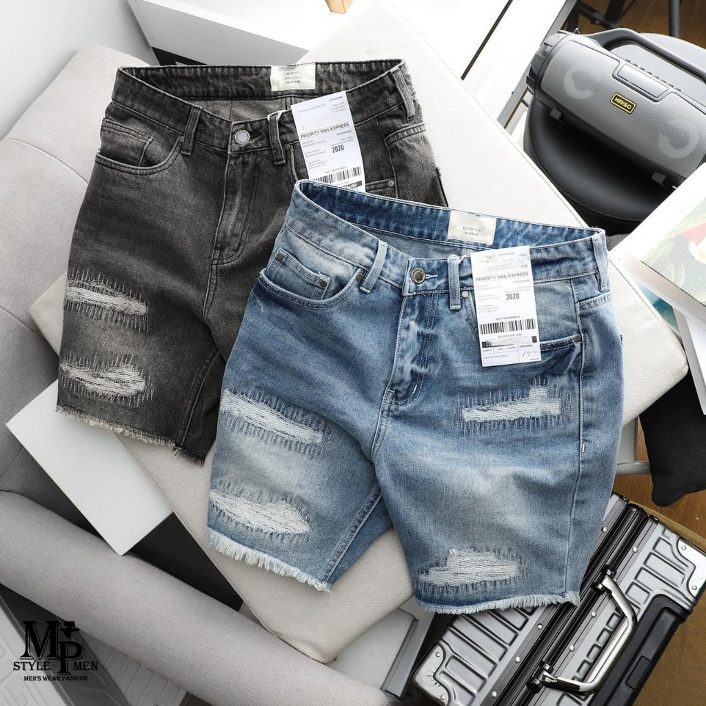 -Quần short jean màu đen thêu rách xướt form vừa vẹn thoải mái 003