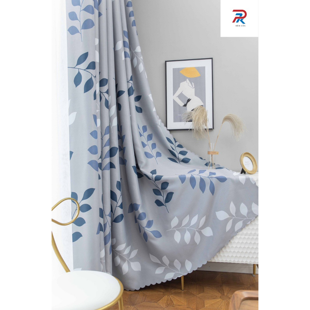 Rèm Cửa Cao Cấp PK Chống Nắng Vải Dày Đẹp Khoan Lỗ Cành lá nền xám RPK091