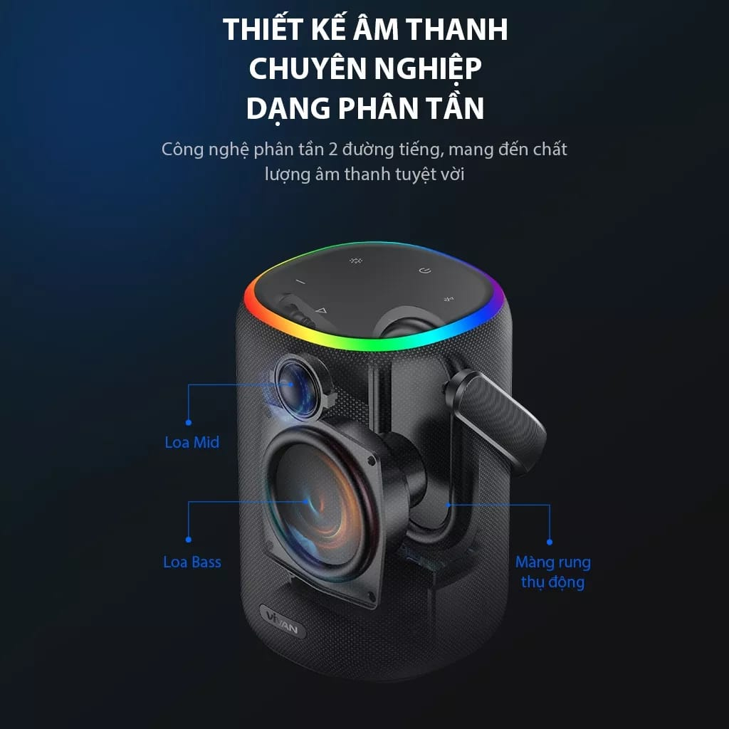 Loa Bluetooth 5.3 âm pass mạnh mẽ VIVAN VS50 Hi-Fi Công Suất 40W - Chống Nước IPX7