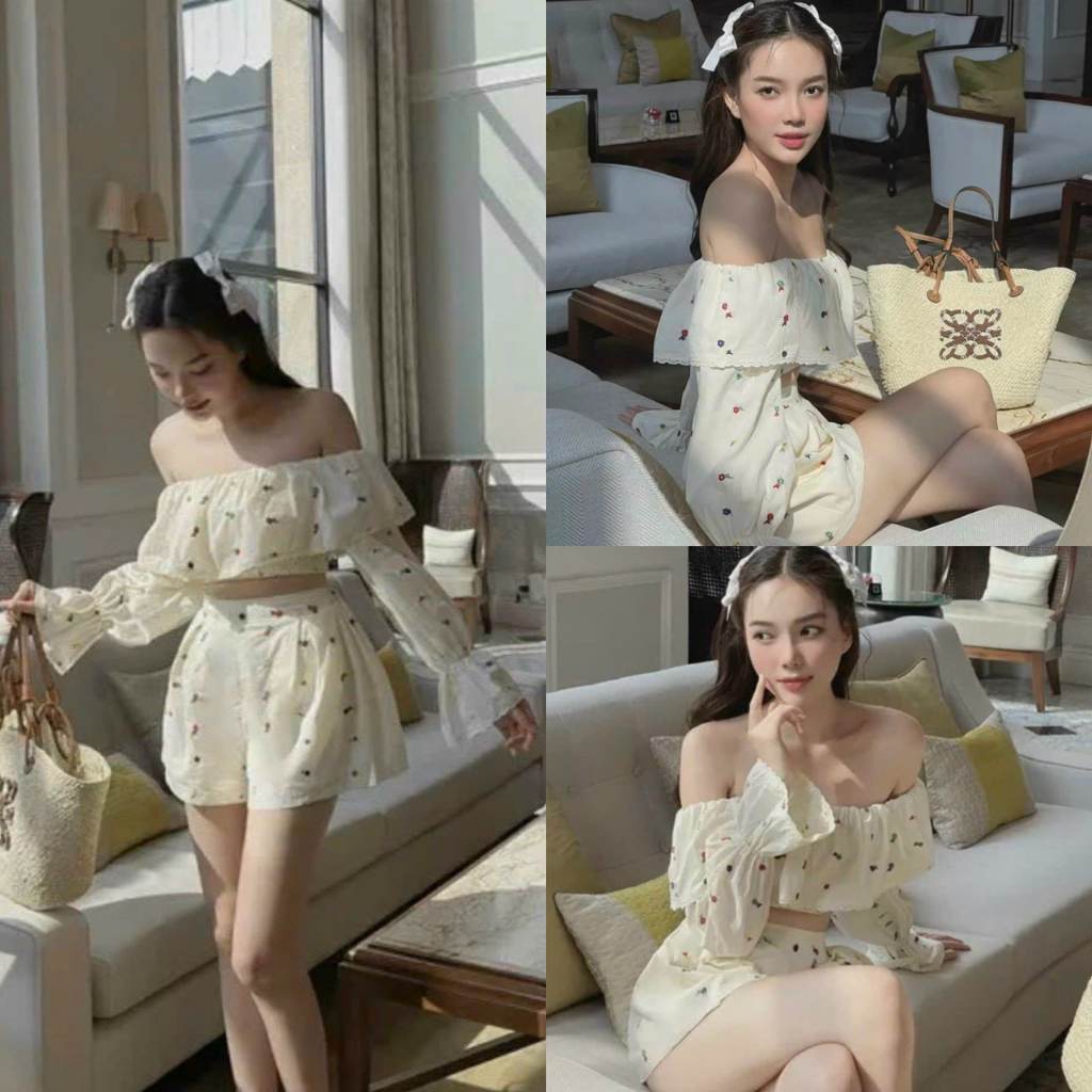 Set bộ nữ áo cúp ngực chạy smoking phối ren tay và ren bèo kèm quần có lót trong siêu xinh dành cho nàng đi biển
