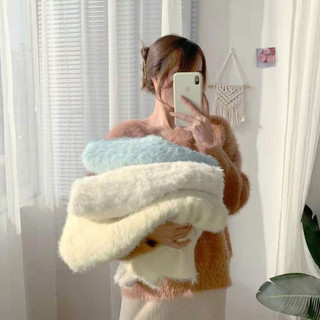 Áo len lông thỏ cổ chữ V dày dặn pastel bo gấu