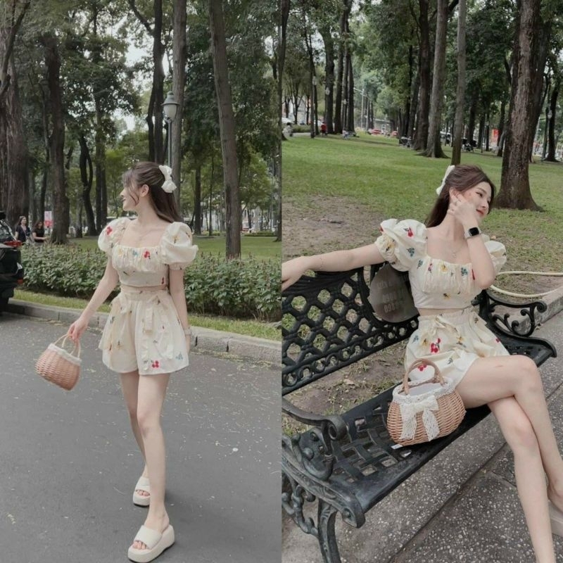 Set đồ bộ nữ áo ngắn tay nhún ngực mix quần ngắn đi biển form rộng xinh xắn, đáng yêu 183