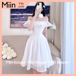 Váy trễ vai ly eo tơ xước kèm dây hoa