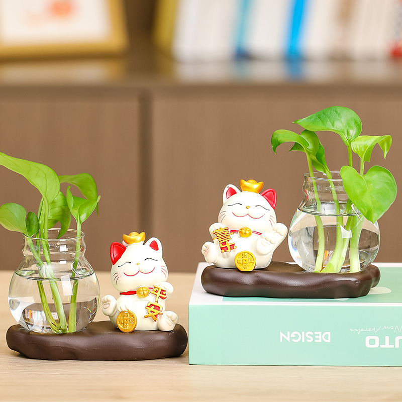 Bình thủy sinh kèm tượng mèo thần tài :Tài lộc, bình an,may mắn - Biểu cảm đáng yêu - bàn làm việc, bàn học - Quà tặng