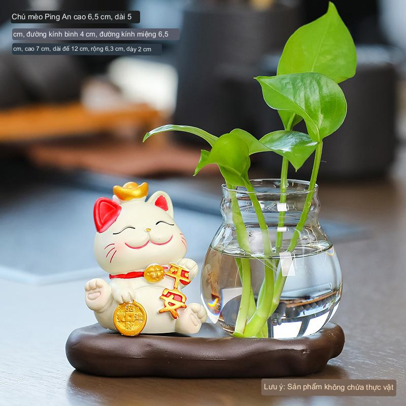 Bình thủy sinh kèm tượng mèo thần tài :Tài lộc, bình an,may mắn - Biểu cảm đáng yêu - bàn làm việc, bàn học - Quà tặng