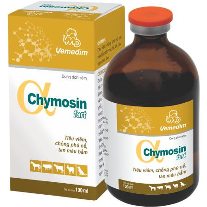 CHYMOSIN FORT -  CHAI 100ML -Tiêu viêm, chống phù nề, tan m.áu bầm trên trâu, bò, dê, cừu, ngựa, heo, chó.
