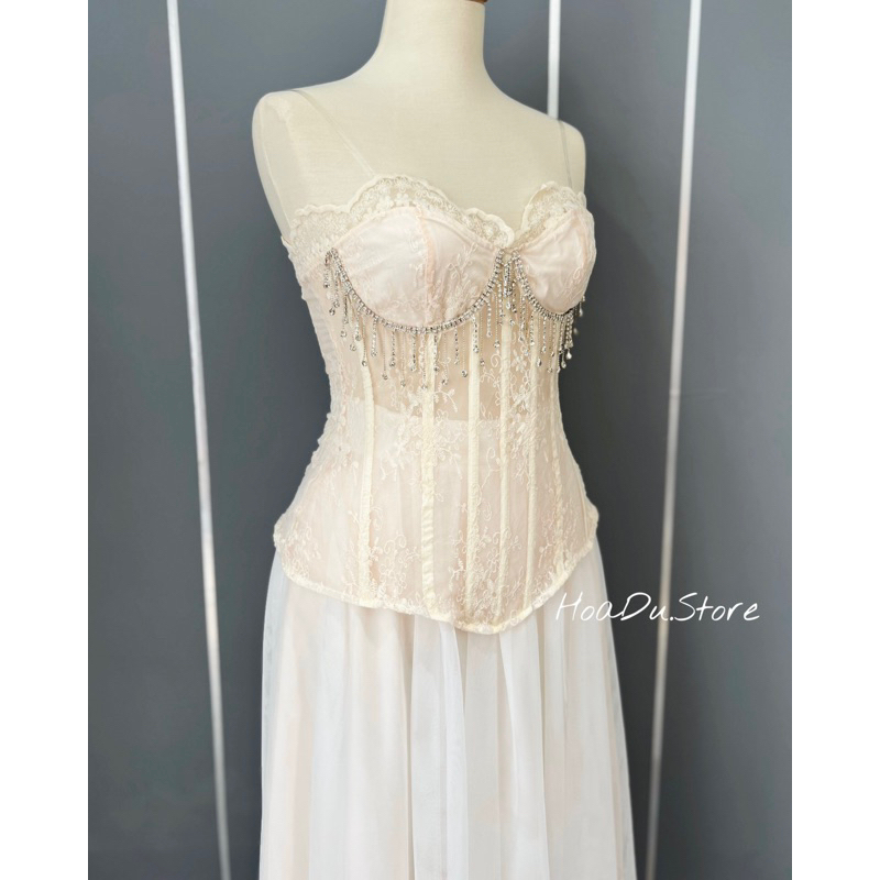 Set Áo Ren Corset Kết Đá Cúp Ngực  Ôm Body+ chân váy xoè công chúa form dài quyến rũ