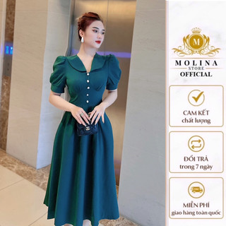 Đầm Tròn Nút Viền Cúp Thiết Kế Molina Chất Lụa Mềm Mịn Cổ Sen Dáng Xòe Dài