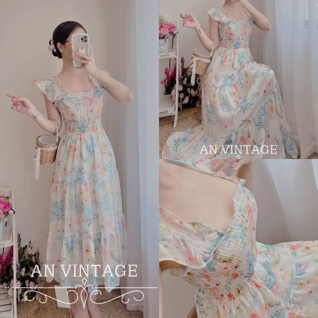 VÁY VINTAGE HAI DÂY HỌA TIẾT EO CHUN