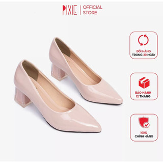 Giày Cao Gót Pixie 5cm Da Bóng Mũi Nhọn Đế Vuông Phối Mica  P006