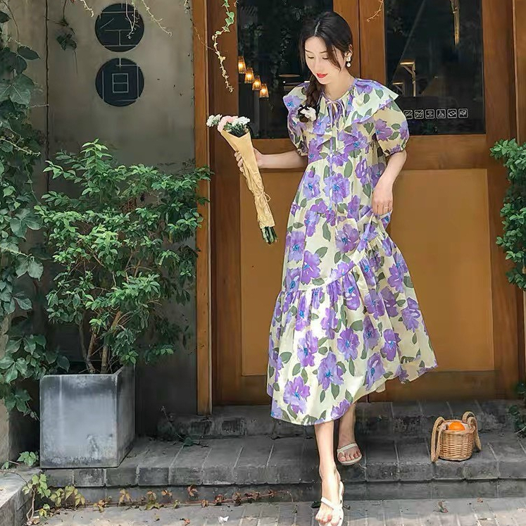 Váy midi vero moda hoa tím hàng 2 lớp vải mềm mát