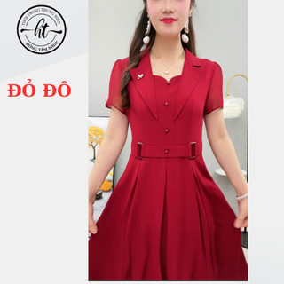 Váy trung niên cho mẹ mặc dự tiệc, đầm trung niên cho mẹ Lụa Pháp cổ Vest có đai eo cao cấp (VD)