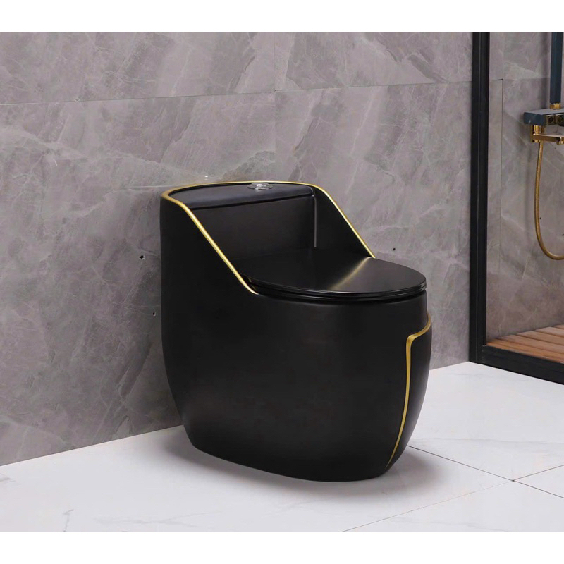 Bàn cầu liền khối trứng đen chỉ viền vàng nhập khẩu cao cấp . Bệt trứng đen liền khối chỉ vàng