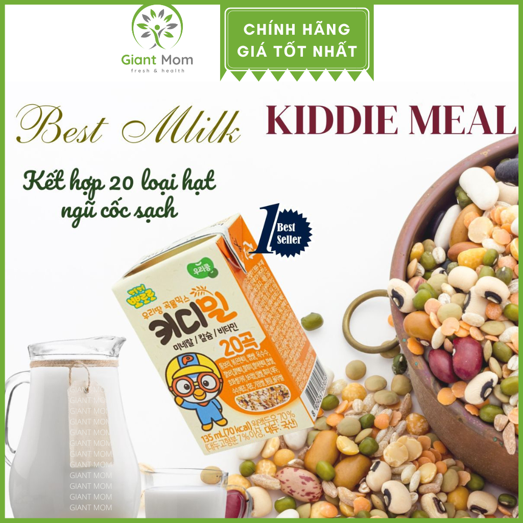 Sữa hạt Pororo, Sữa hạt pororo Kidimeal thuần chay mix 20 loại hạt nội địa Hàn Quốc - Hộp 135ml cho bé trên 1 tuổi