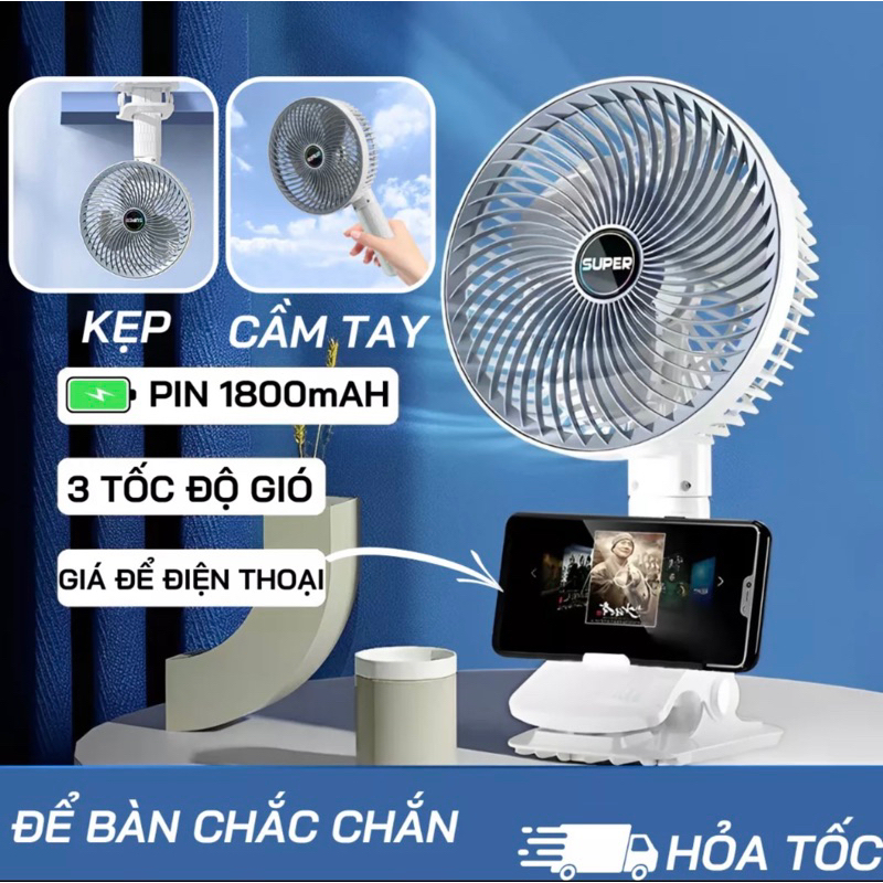 🔝 Quạt Kẹp Bàn Tích Điện Super Fan, Quạt Tích Điện Để Bàn 3 Tốc Độ Gió Siêu Mát Có Giá Đỡ Điện Thoại Thông Minh_89