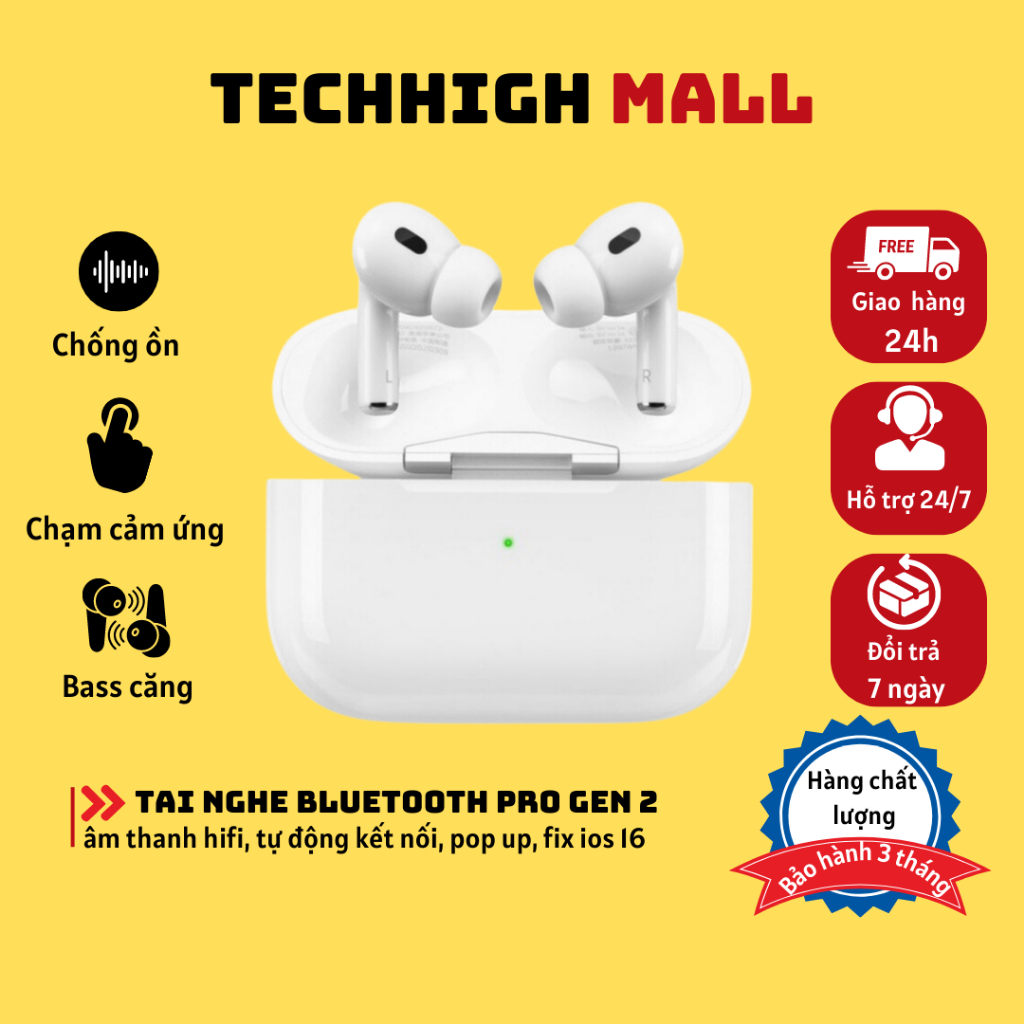 Tai Nghe Bluetooth Không Dây Pro 2 Âm To Mic Rõ Pin Trâu Vuốt Tăng Giảm Âm Lượng Định Vị Đổi Tên-TECHHIGH