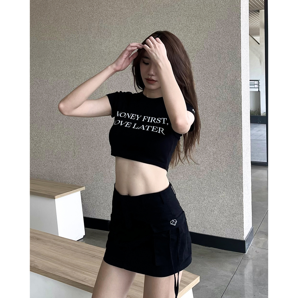 Áo thun baby tee croptop The Kim - Money first, Love later , áo thun croptop tay ngắn A213