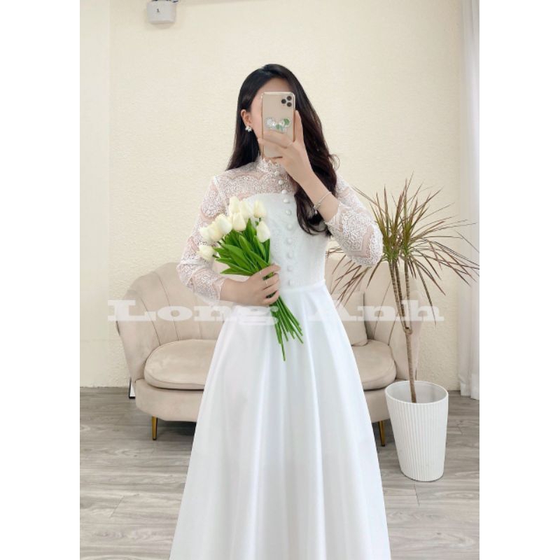 Váy Cưới Đi Bàn Tay Dài Chất Liệu Taftar Mềm Phối Ren Hoạ Tiết Ngẫu Nhiên Size S M L Xl Và May Theo Số Đo Riêng