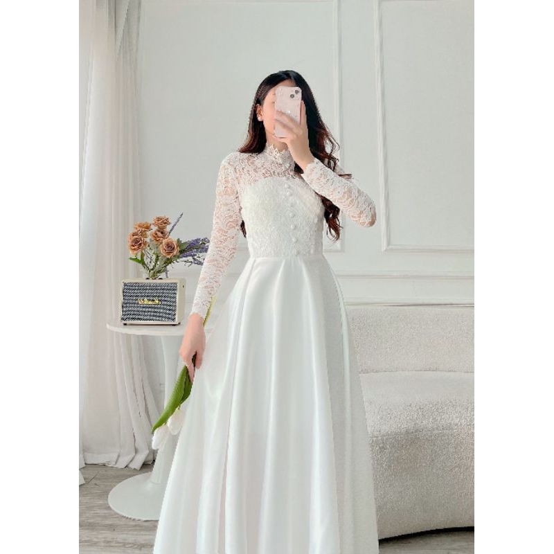 Váy Cưới Đi Bàn Tay Dài Chất Liệu Taftar Mềm Phối Ren Hoạ Tiết Ngẫu Nhiên Size S M L Xl Và May Theo Số Đo Riêng