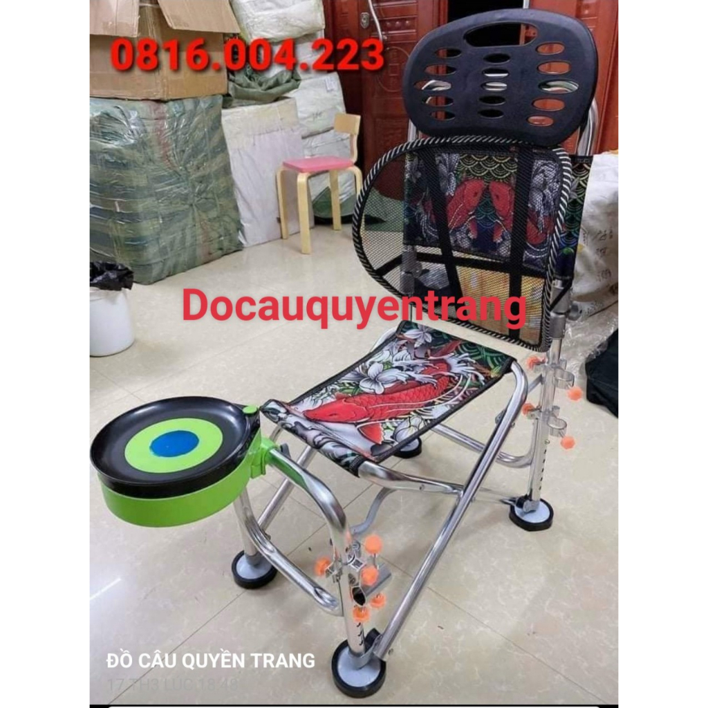 Ghế địa hình ngồi câu cá khung kim loại họa tiết hình cá chép có đầy đủ phụ kiện,Ghế ngồi câu cá