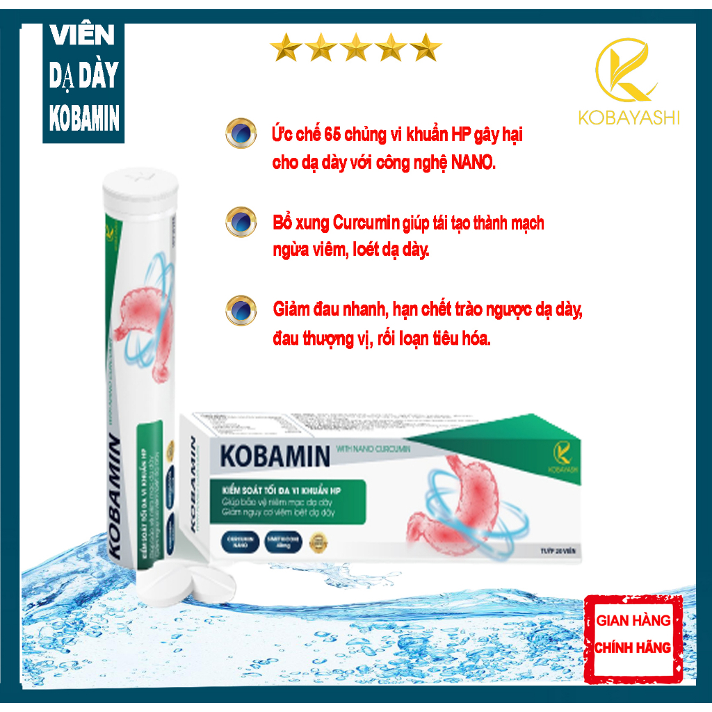 Viên sủi nano KOBAMIN hỗ trợ nhanh người bị đau viêm loét dạ dày giảm đầy hơi ợ chua khó tiêu công nghệ Nhật Bản