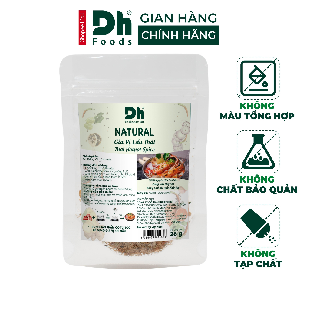 Gia vị nấu lẩu thái Natural DH Foods nêm sẵn thành phần tự nhiên gói 26gr - DHGVT100