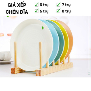 Giá xếp chén bát, đĩa, thớt - Khay úp ly trụ gỗ xếp gọn