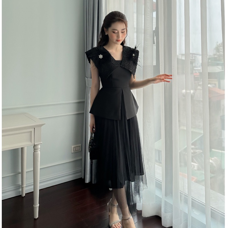 Set đồ nữ đi dự tiệc cưới sự kiện dạ hội áo tay chờm vai đính đá phối chân váy dập ly thời trang thiết kế sang chảnh
