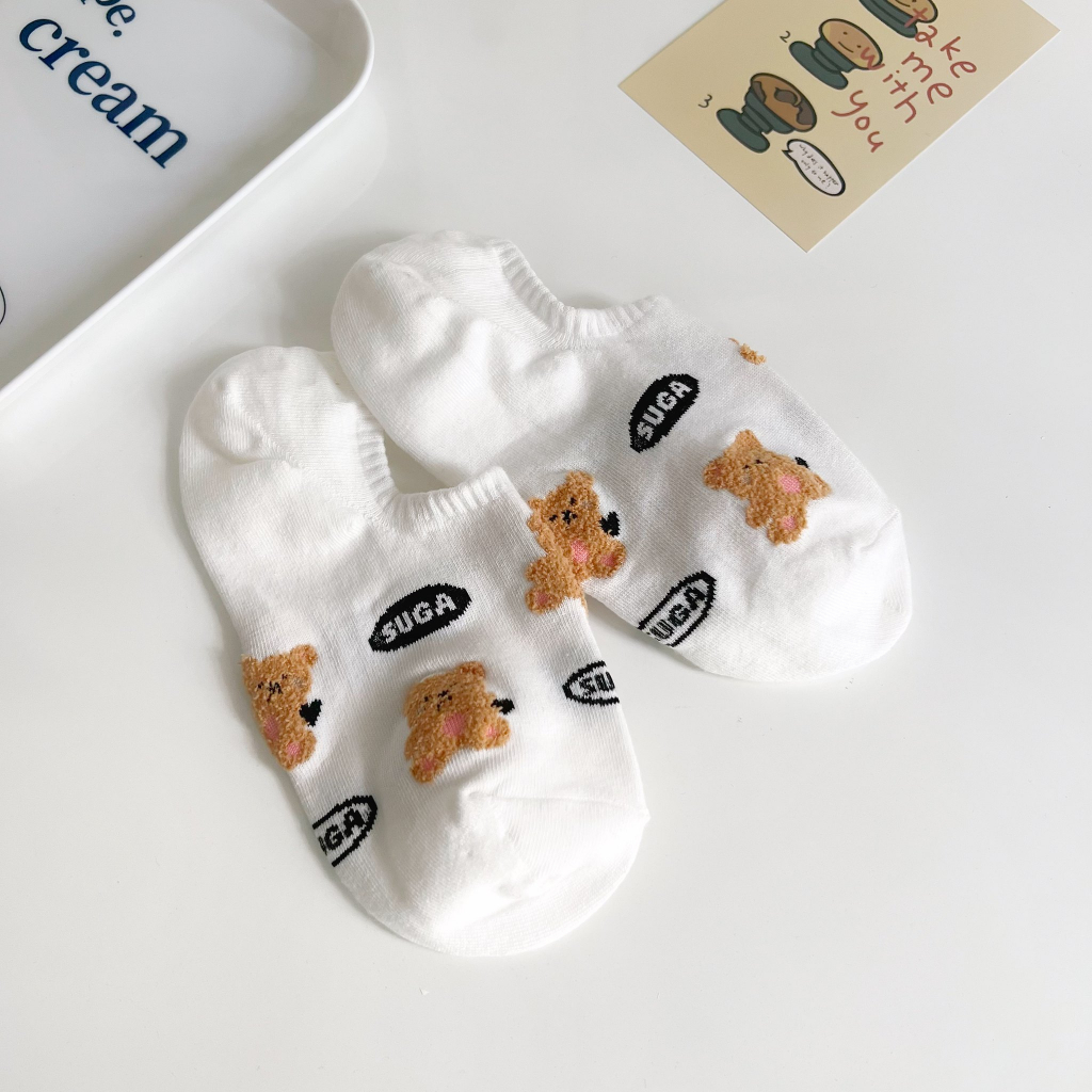 Tất vớ lười nữ SUGA BEAR, họa tiết gấu thêu bông xù - Nhập khẩu Hàn Quốc