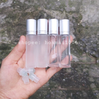 Combo 10 chai chiết bi lăn thủy tinh rỗng phun mờ nắp bạc chứa dầu dừa, tinh dầu, nước hoa