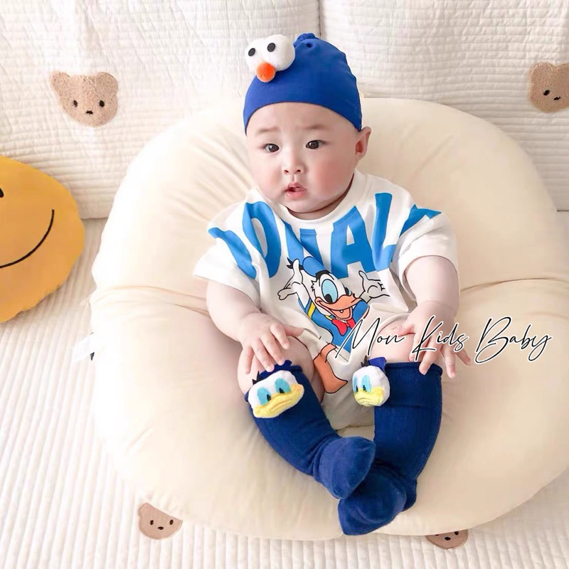 Body donal kèm mũ cho bé trai và bé gái 3-12kg bodysuit cho bé